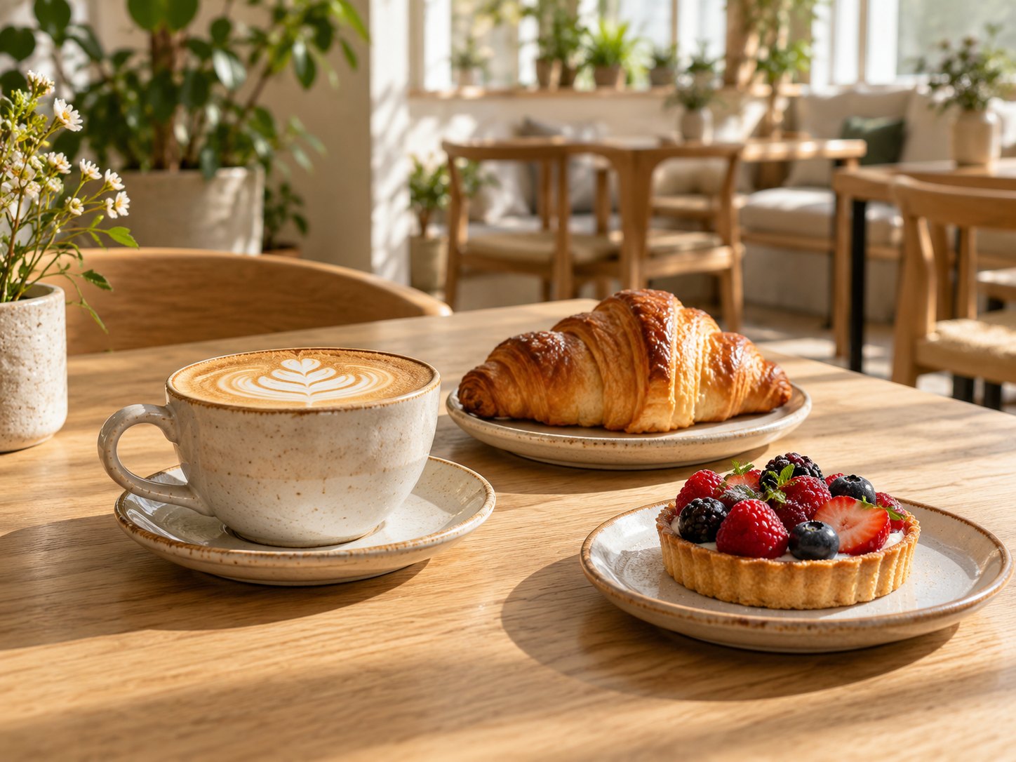 Kaffee, Croissant und Beerentörtchen in einem hellen Café